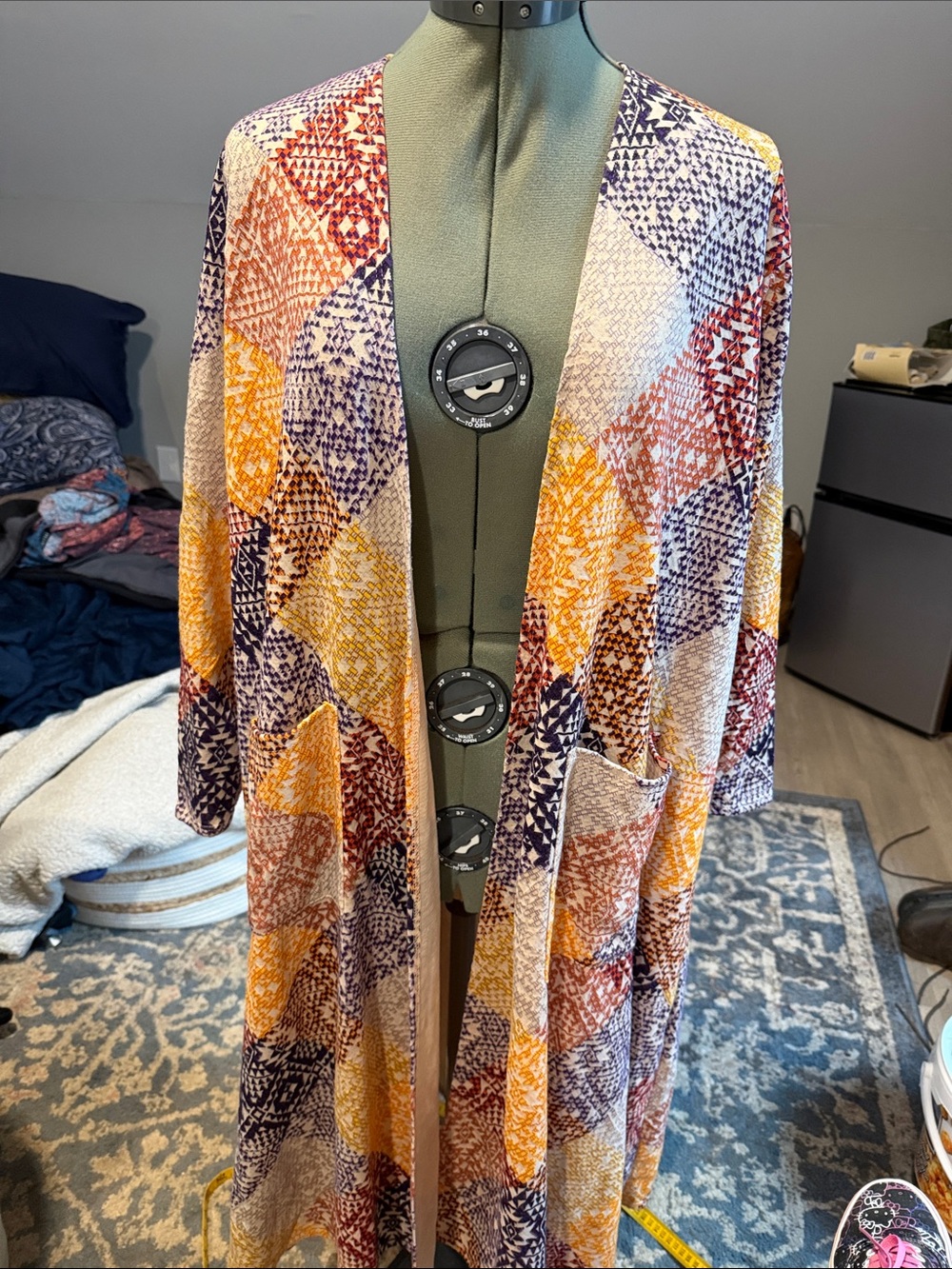LuLaRoe Sarah Open-Front Patchwork Cardigan in Mustard, Orange & Navy